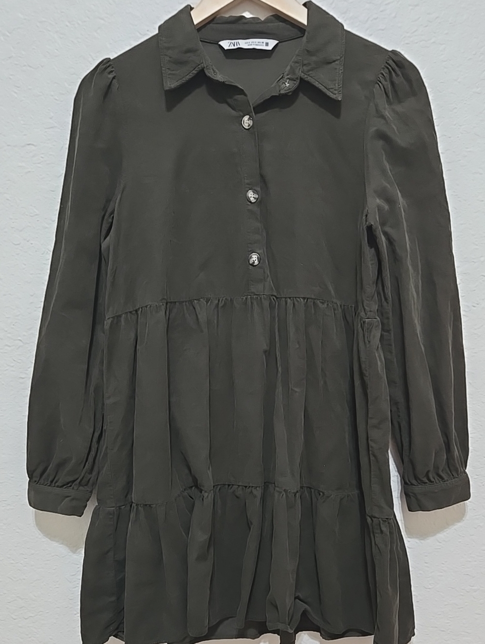 ZARA Olive Green Tiered Button-Front Shirt Dress Soft Teztured Corduroy